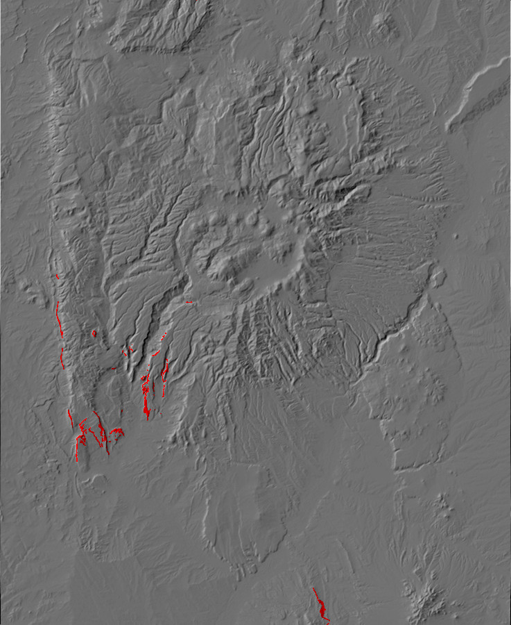 Digital relief map showing Yeso Group
        exposures in the Jemez Mountains