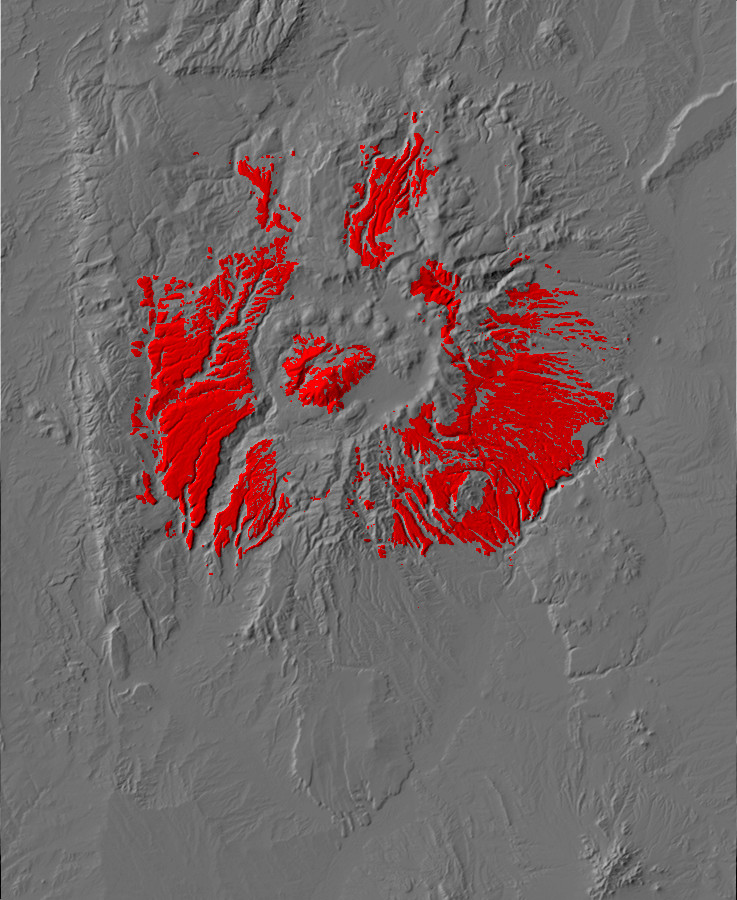 Digital relief map of Tshirege Member exposures in the
      Jemez Mountains